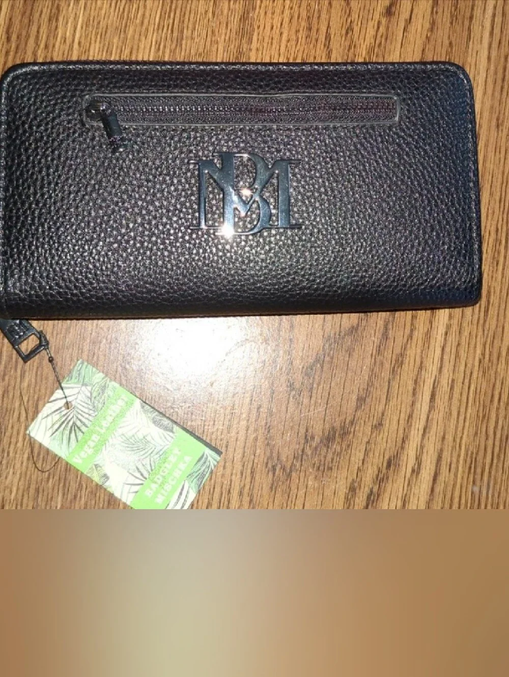 Badgley Mischka Black Leather Zip Pouch Brand New